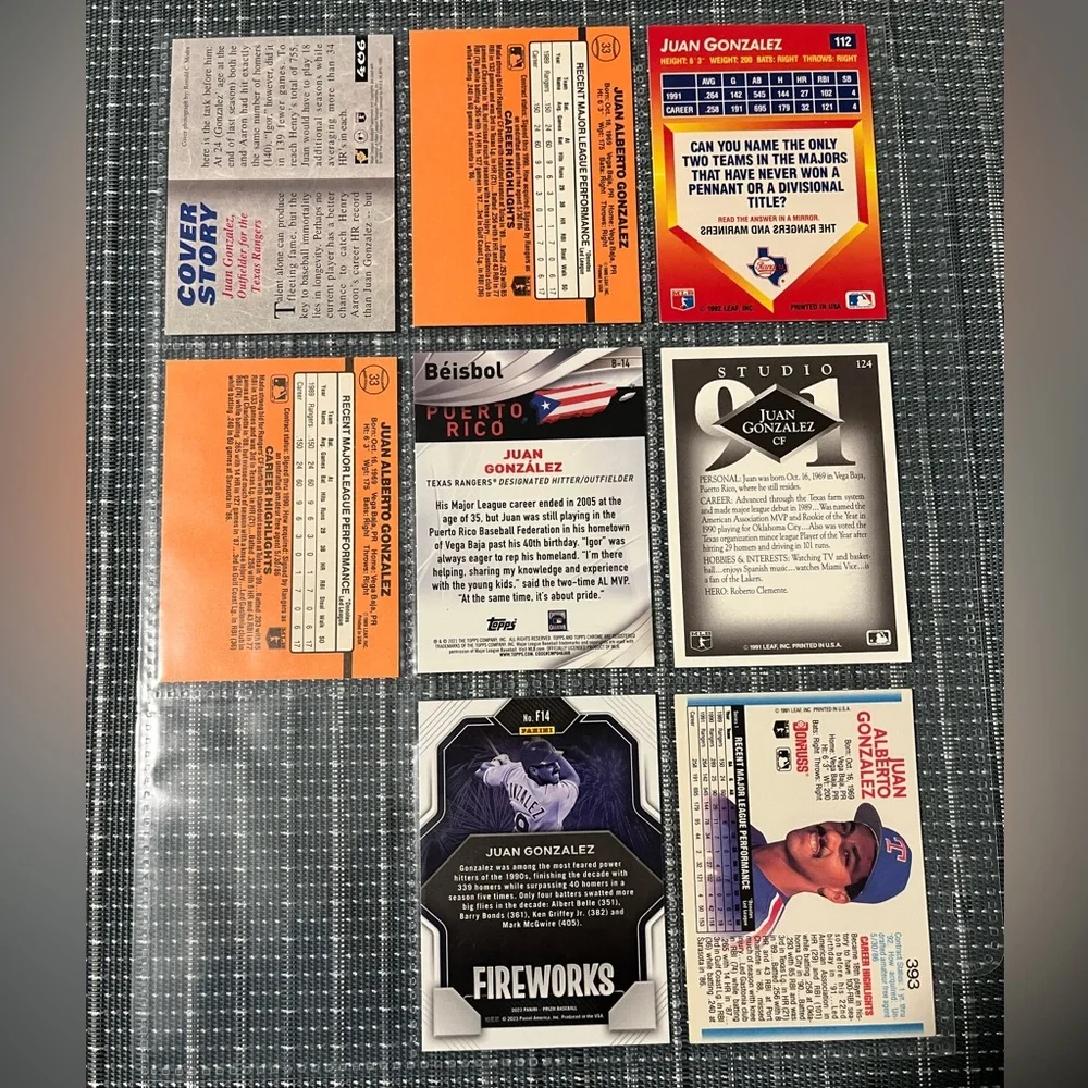 ⚾️ Jaun Gonzalez Rangers MLB Baseball Trading Cards, Collection of 8